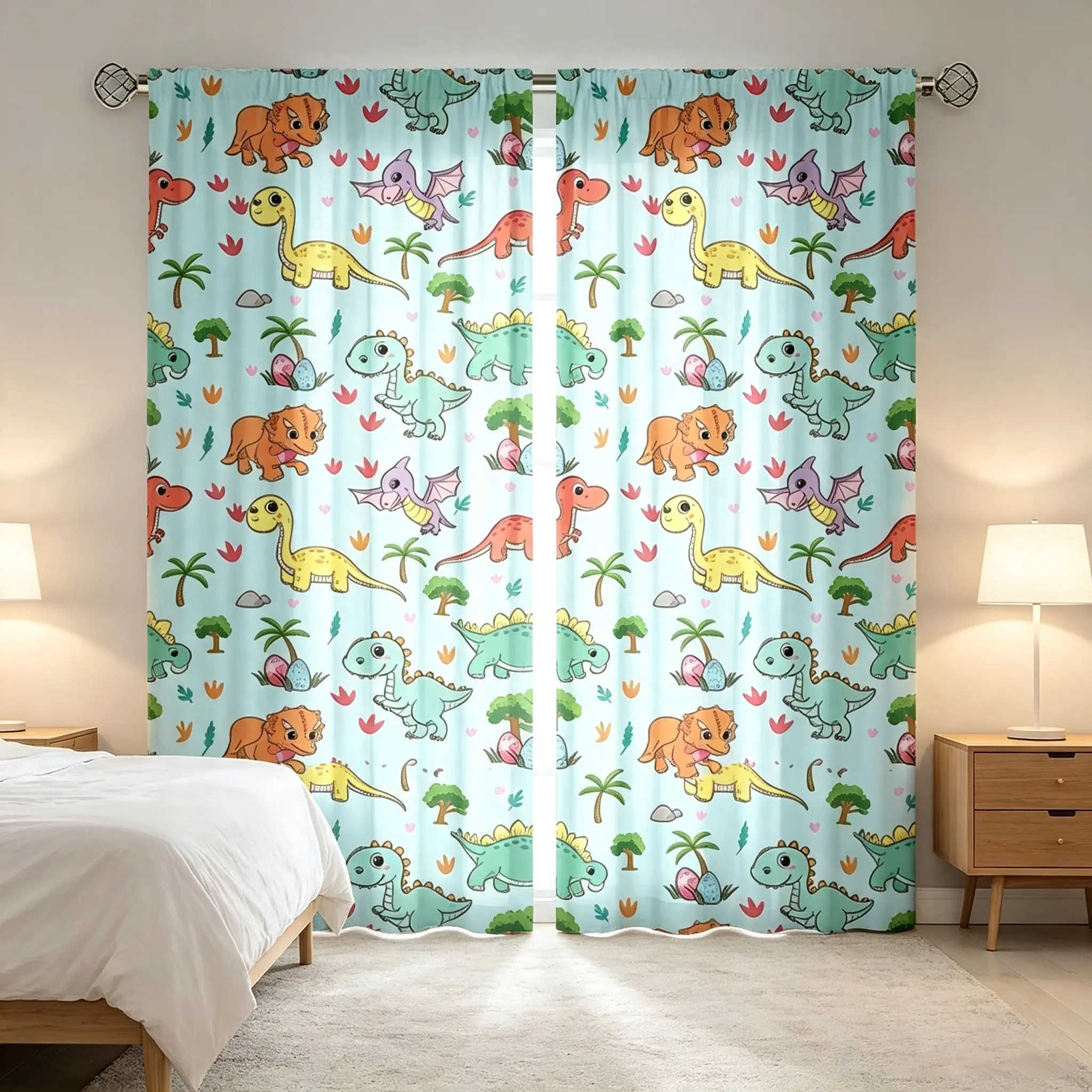 2 pieces of 2D flat printed light blue cartoon dinosaur-print slightly translucent curtains, suitable for children's rooms, boys' bedrooms, and study rooms, as well as decorative curtains with a childlike charm