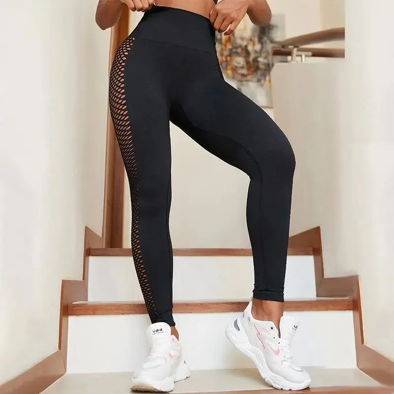 Women's High-Waist Fishnet Sports Leggings - Breathable, Moisture-Wicking, High-Stretch Activewear Bottoms for Yoga, Gym, All-Season Casual Use