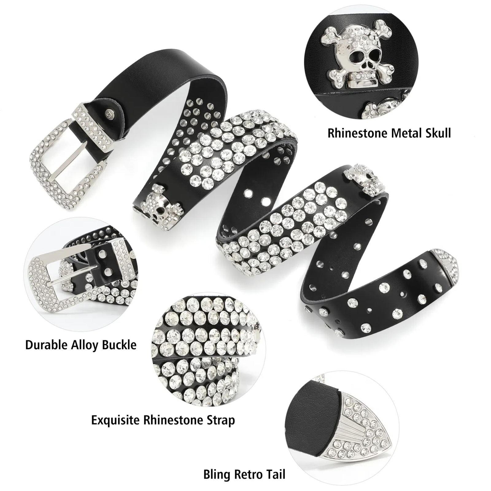 XZQTIVE Shimmering Rhinestone & Skull Western Leather Belt for Men & Women - Wide Buckle, Vintage Glam, Perfect for Jeans & Cowboy/Cowgirl Attire