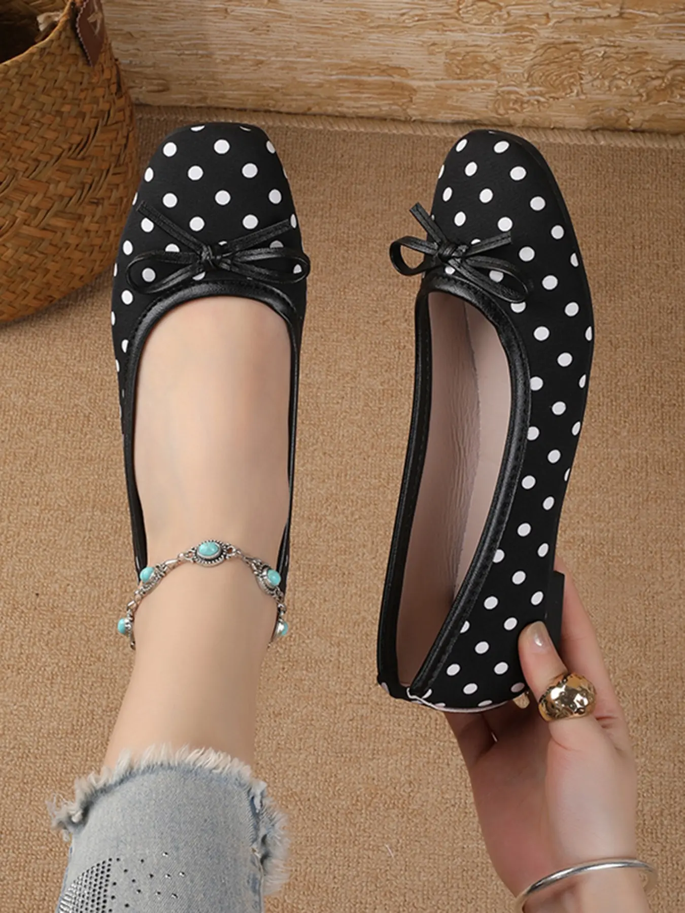 French Polka Dot Ballet Flats for Women, Soft Sole Slip-On Casual Shoes, Retro Style, Vintage Chic Shoes, Breathable, Comfortable, Size 42