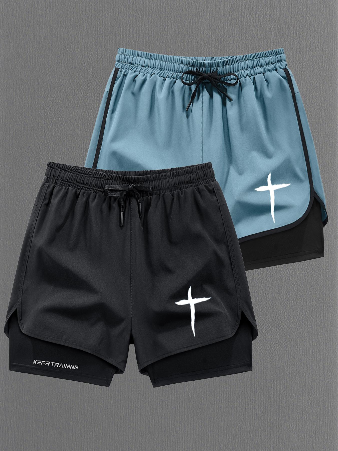 Men Women Regular Fit 2-In-1 Drawstring Waist Sport Shorts, Summer Pocket Print Casual Half Yoga Exercise Shorts, Fashionable Daily Wear