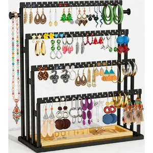 Earring Holder Organizer, 4-Tier Metal Jewelry Display Stand with Wooden Storage Organizer, Large Earring Holder for Studs, Hoops, and Dangles, Modern Jewelry Organizer for Women