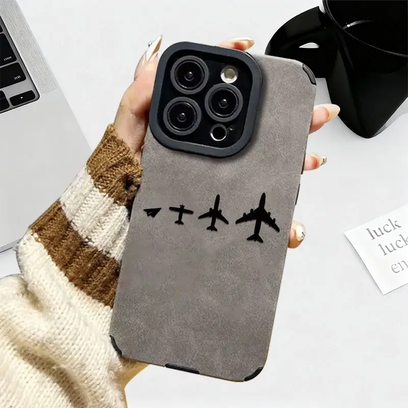 Minimal Growing Airplane Formation Faux Leather Phone Case For iPhone 17 16 15 14 13 12 11 Pro Max Plus XS Max, Large Camera Window Shockproof TPU Protective Cover, Travel Aviation Lover Neutral Aesthetic Anti-Scratch Texture Case, Accessories, Smartphone