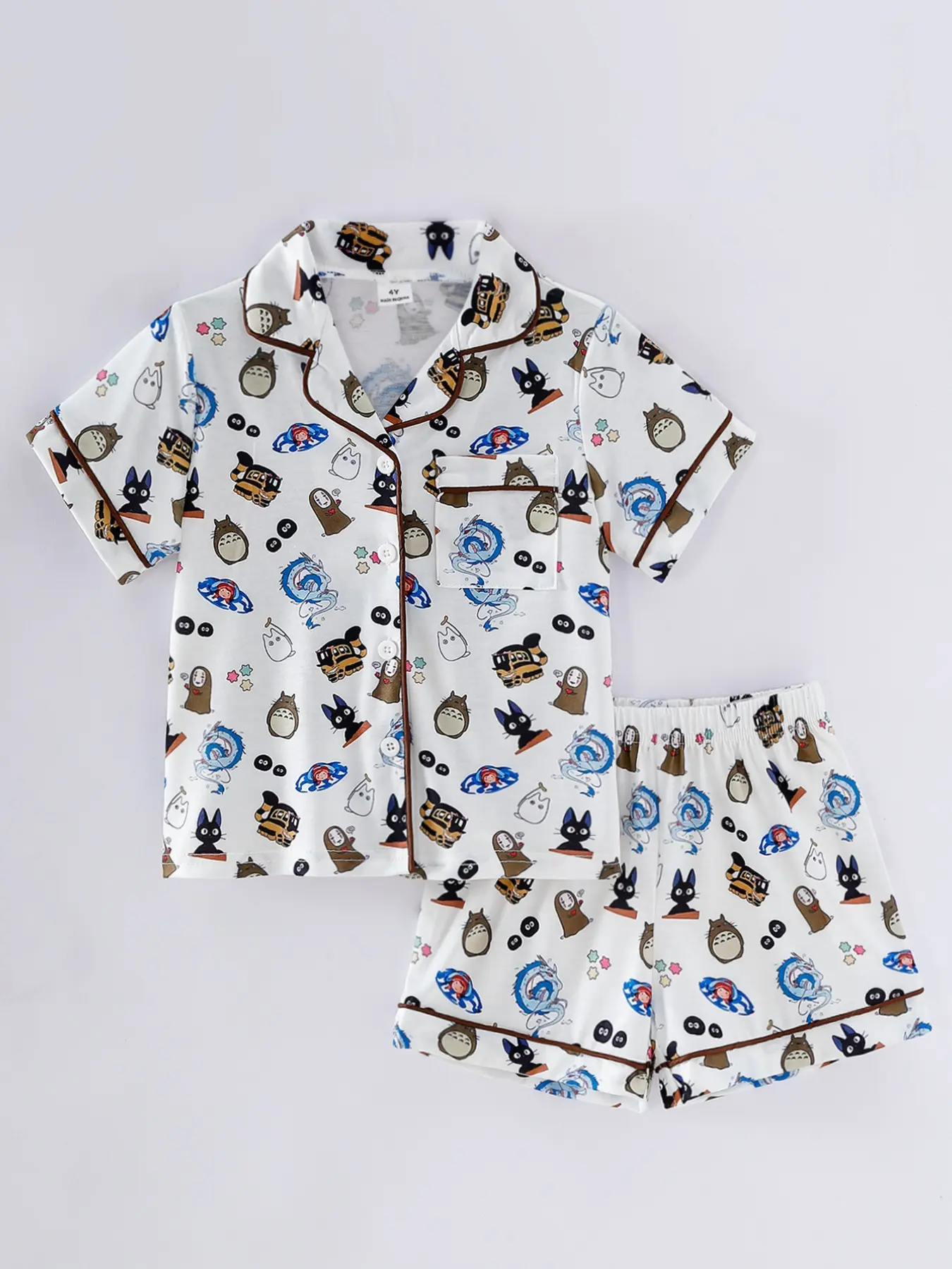 Girls' Short Sleeve Pajama Set, Totoro, Ponyo, Mysterious Faceless Deity, Healing Forest Fairy Cartoon Print, Comfortable Two-Piece Sleepwear, Casual Home Wear, Cartoon Pattern Pajamas, Party Gift