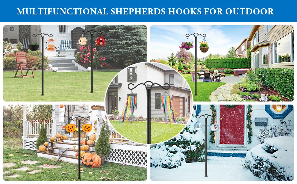 Double Shepherds Hook for Outdoor with 5 Prong Base 90 Inch Heavy Duty Two Sided Bird Feeder Pole for Hanging Lantern,Hummingbird Feeder,Lightweight Plant,Shepherds Hook for Bird Feeders