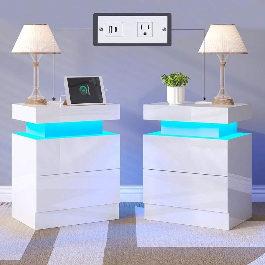 Modern Nightstand Set of 2, LED Lights & Charging Station, 2 Drawers & Open Storage Shelf, Stylish End Tables for Bedroom Home Modern Nightstand Set of 2, LED Lights & Charging Station, 2 Drawers & Open Storage Shelf, Stylish End Tables for Bedroom Home
