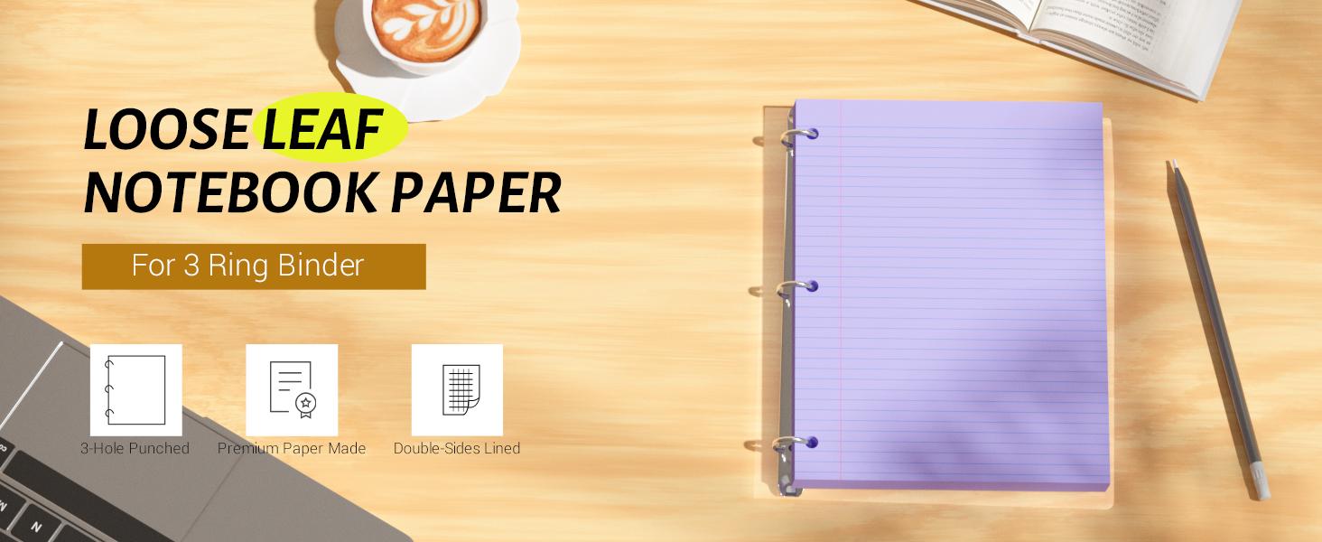 Purple Loose Leaf Paper 100 Sheets Colored Filler Paper 8 * 10.5 College Ruled Paper 3-Hole Punched Paper for 3-Ring Binders Notebook Lined 8" x 10.5" : Office Products