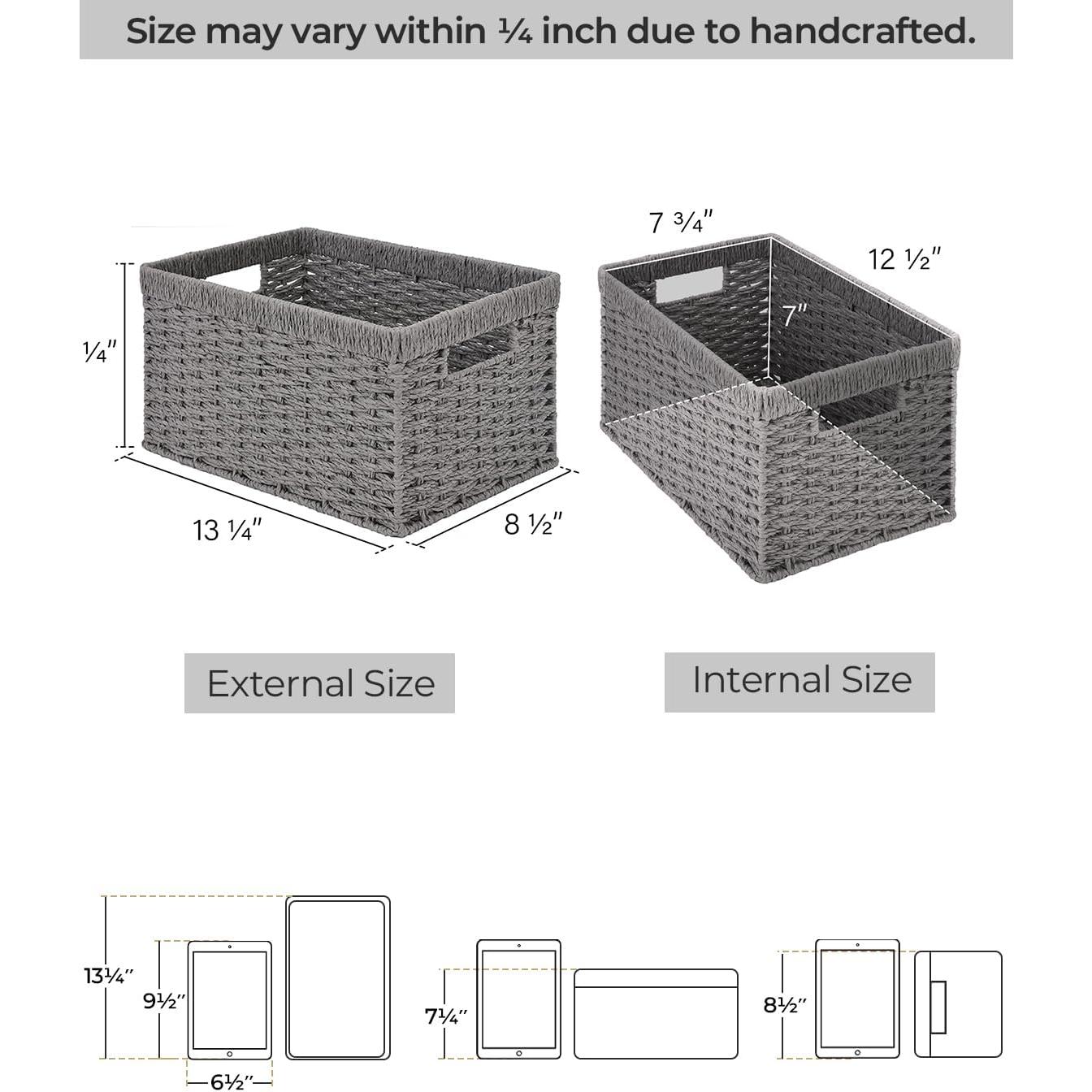 Round Paper Rope Storage Baskets, Rectangular Wicker Baskets with Built-in Handles, Gray, 2-Pack