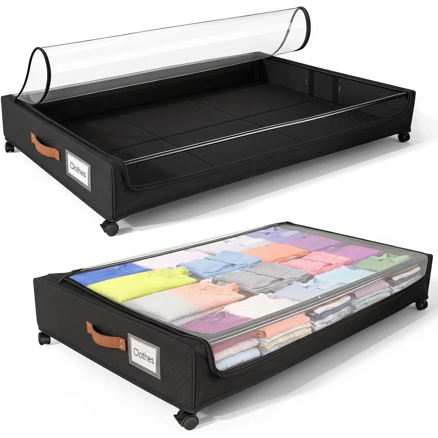 92L  Under Bed Storage with Wheels, 39.4" Extra Long Storage Box | 2 Pack, Detachable & Locakable Wheels,  Oxford Fabric, Sturdy Metal Frame, Clear Lid, Easy to Install