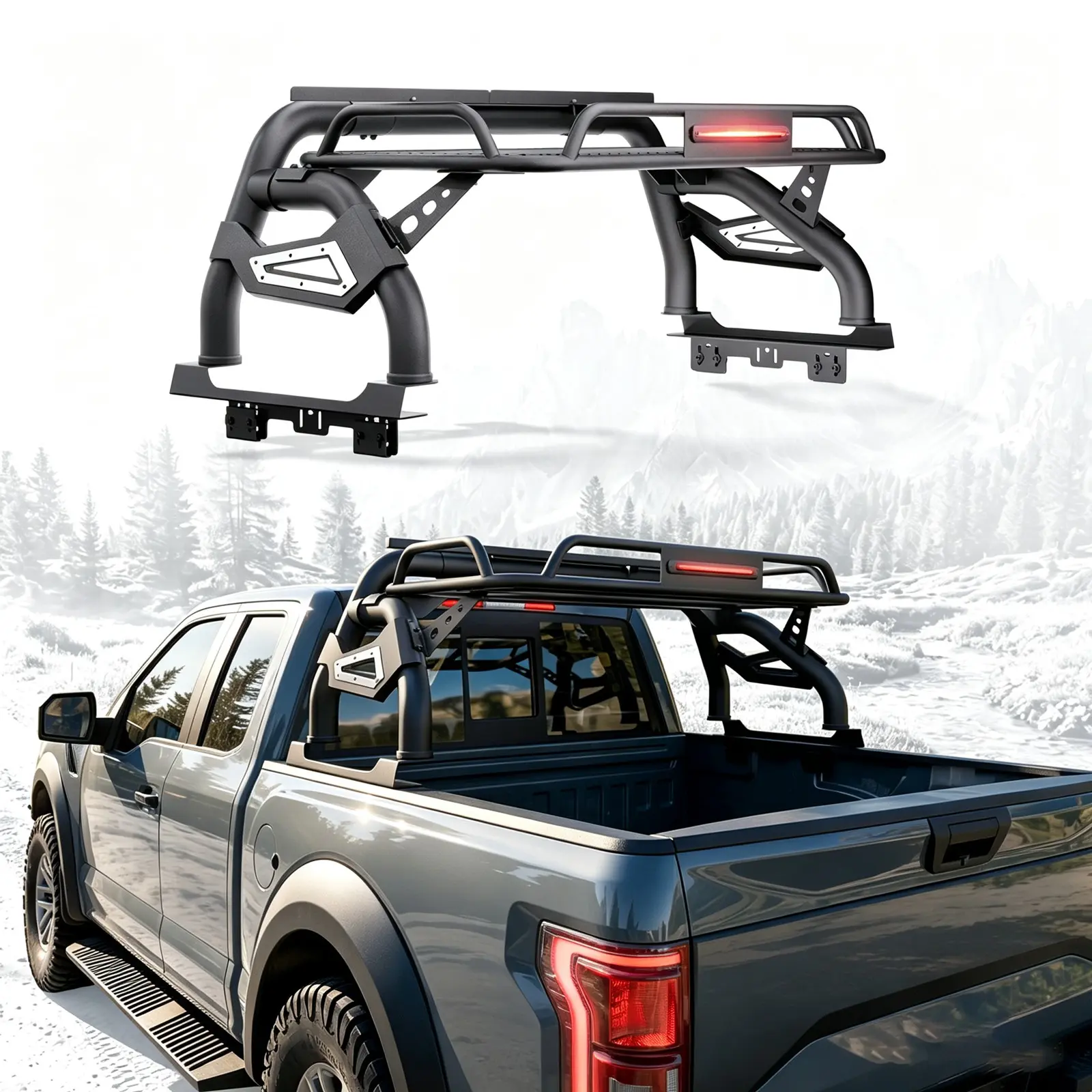 60-64" Roll Bar Chase Rack with Cargo Basket & LED Lights for Pickup Trucks, Cargo Carry & Load Support Compatible with F150, Silverado, Ram, Tundra