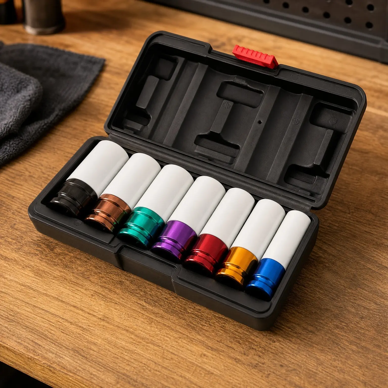 1/2" Drive Thin Wall Deep Impact Socket Set, 7pcs Wheel Protector Lug Nut Sockets with Durable Plastic Sleeves, 6-Point Metric Color-Coded: 17mm, 19mm, 21mm, 22mm, 23mm, 24mm, 27mm