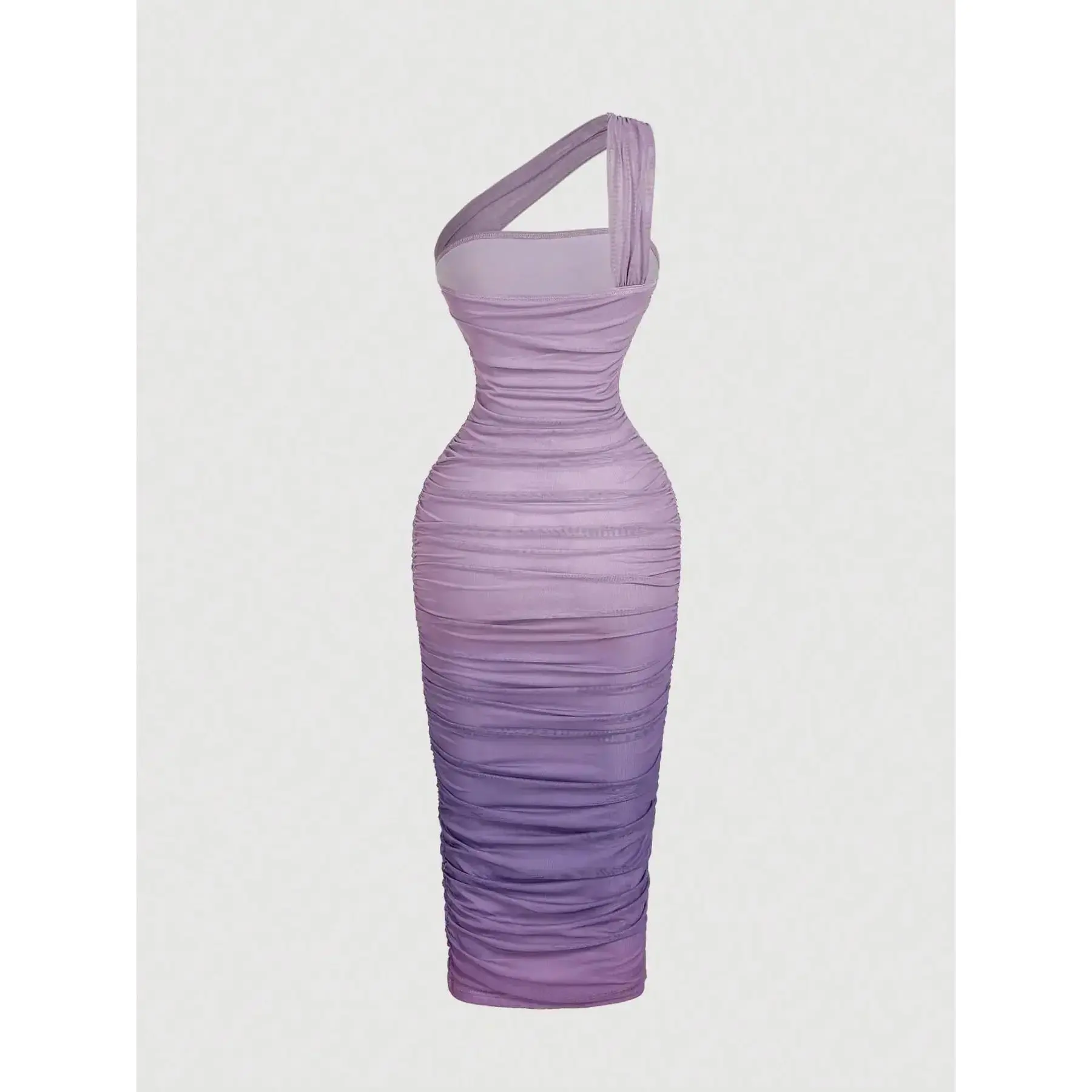 Women's Spring Summer Ombre Gradient One Shoulder Midi Dress Ruched Mesh Beach Vacation