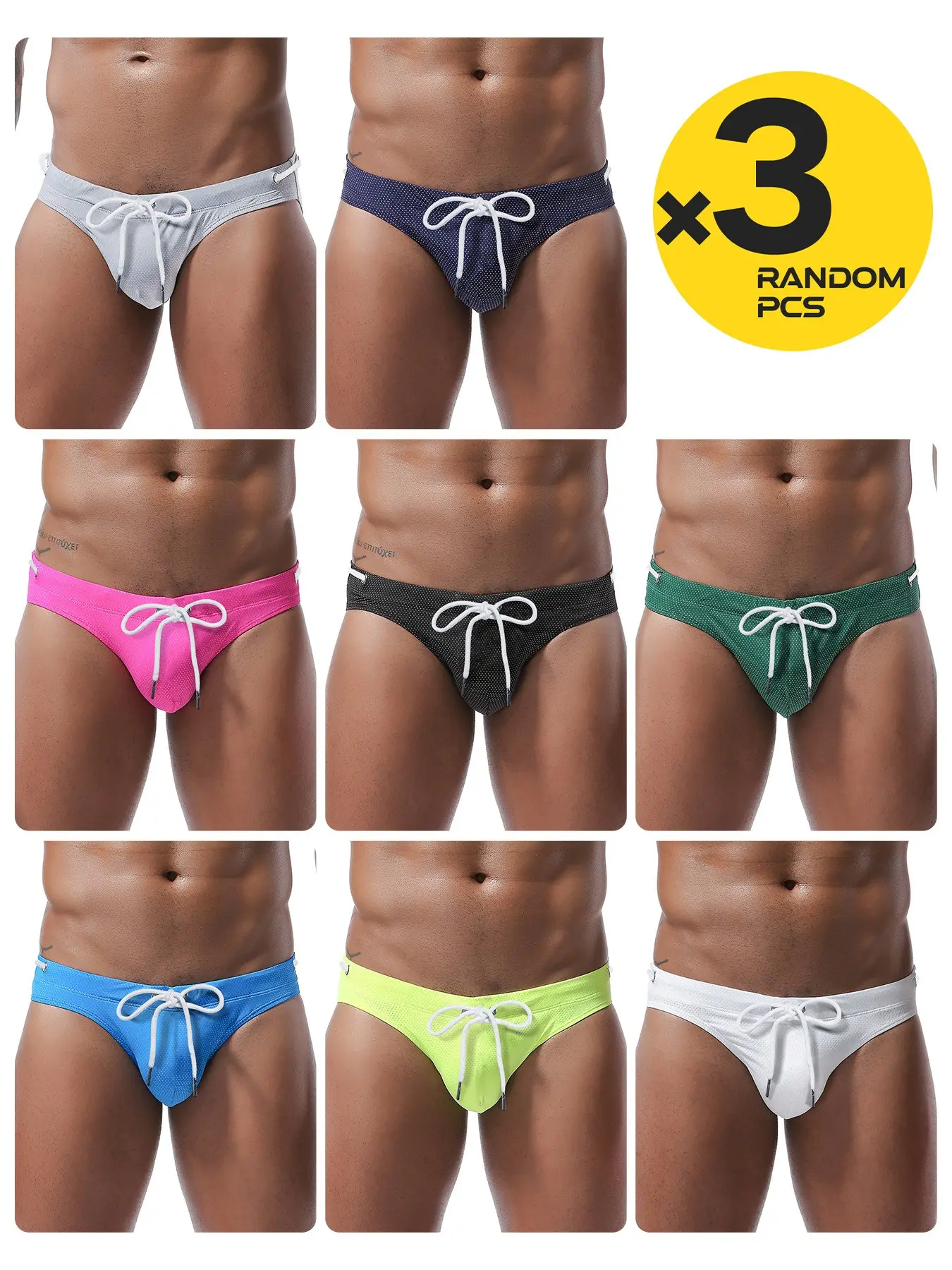 2/3/4 Pack Random Color Men Mesh Bikini Swim Briefs, Solid Adjustable Drawstring Swim Trunks, Quick Dry Breathable Swimwear Swimming for Beach Pool Vacation Water Sports