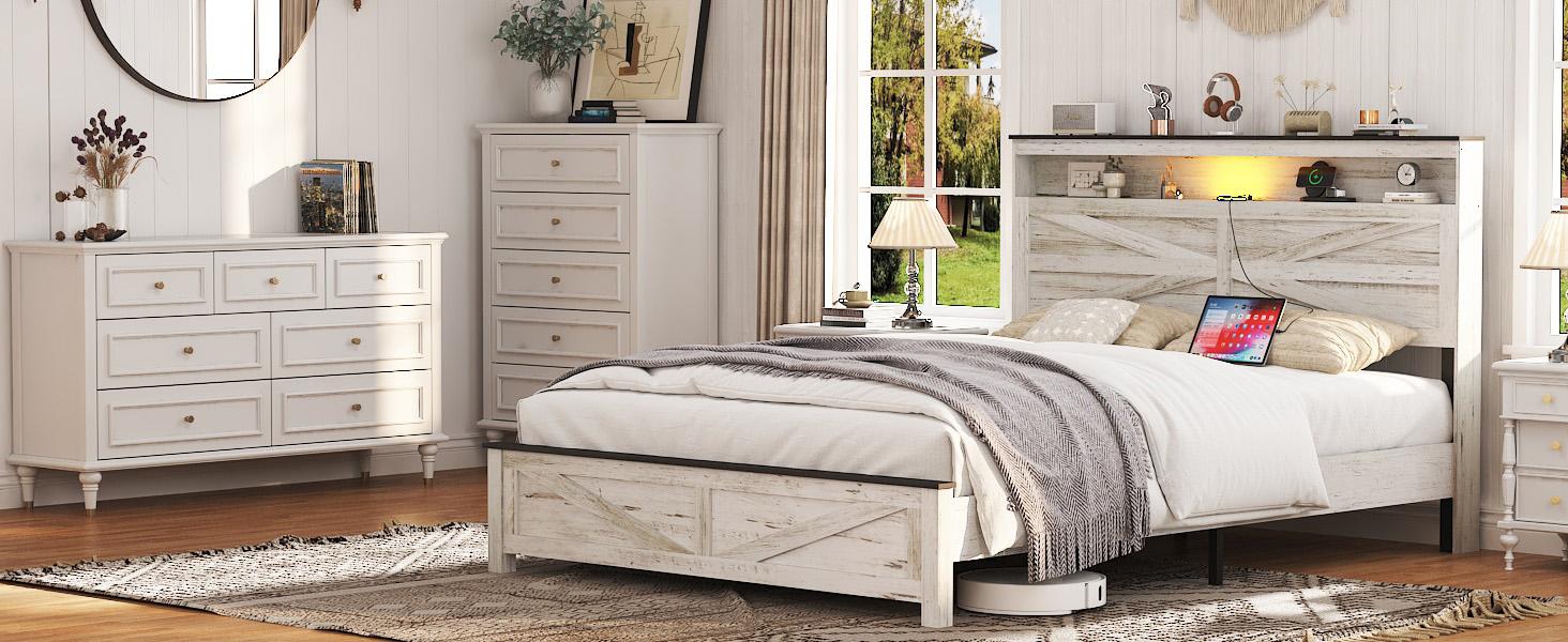 ARCH Queen Bed Frame Farmhouse, Queen Size Bed Frame with Storage Headboard & LED Lights, Charging Station Boho Platform Bed, Queen Bed Frame Metal Slats No Box Spring Needed Bedroom Set