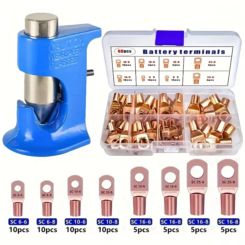 60-piece heavy-duty crimp terminal connector set with multifunctional manual pliers - SC6-25 wire terminals, SAE/JIS standards (SC-6/SC-8/SC-10/SC-12/SC-16/SC-18), color-coded, no power required, suitable for automotive, electronics, and home wiring - inc