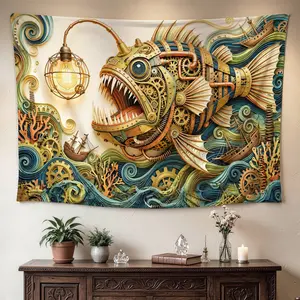 Steampunk Mechanical Anglerfish Deep Sea Ocean Wall tapestry, Large size Printed Horizontal Tapestry blanket, Polyester Fabric Wall Hanging for living room, bedroom, No Installation Required, Indoor, Outdoor, Gift for Family and Friends