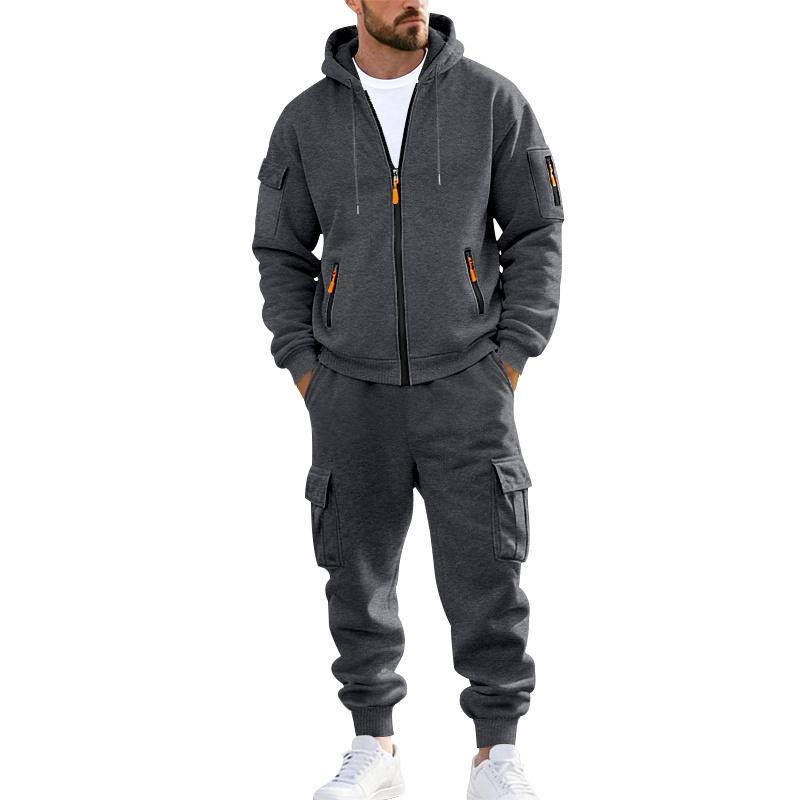KZZ Men's Winter Fleece-Lined Hoodie & Drawstring Pants Set Warm Casual Long-Sleeve Top & Bottoms Multi-Pocket Design