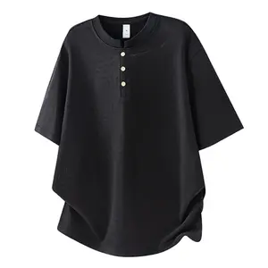 Men's Casual Plain Henley T-Shirt, Short Sleeve Stand Collar 3-Button Top, Tailored Fit, Breathable Wrinkle-Resistant Textured Knit