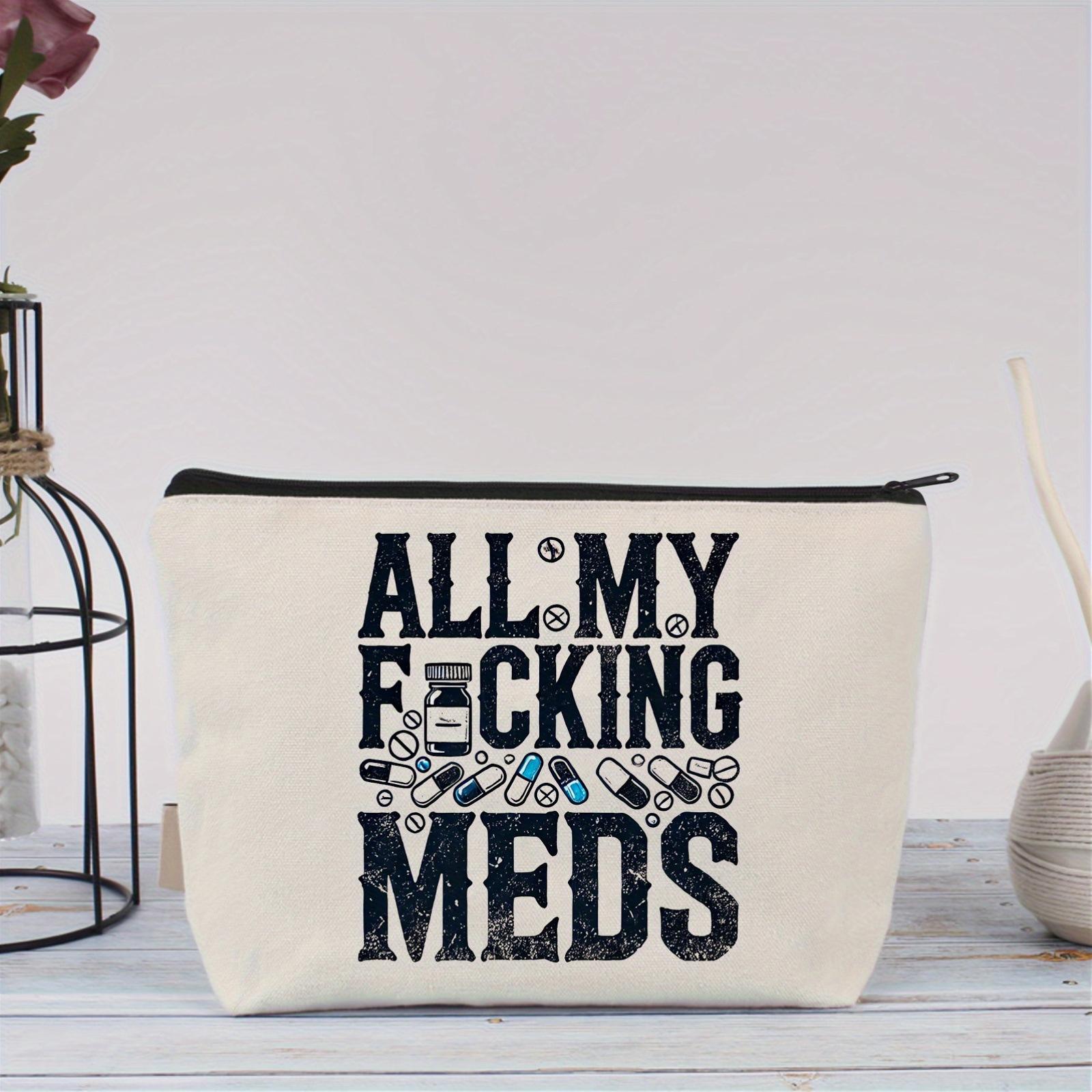 All My Meds Letter Pattern Canvas Makeup Bag, 1/6/16pcs Reusable Zipper Makeup Organizer, Travel and Makeup Pill Storage Bag, Travel Cosmetic Bags, Perfect Gifts for Women