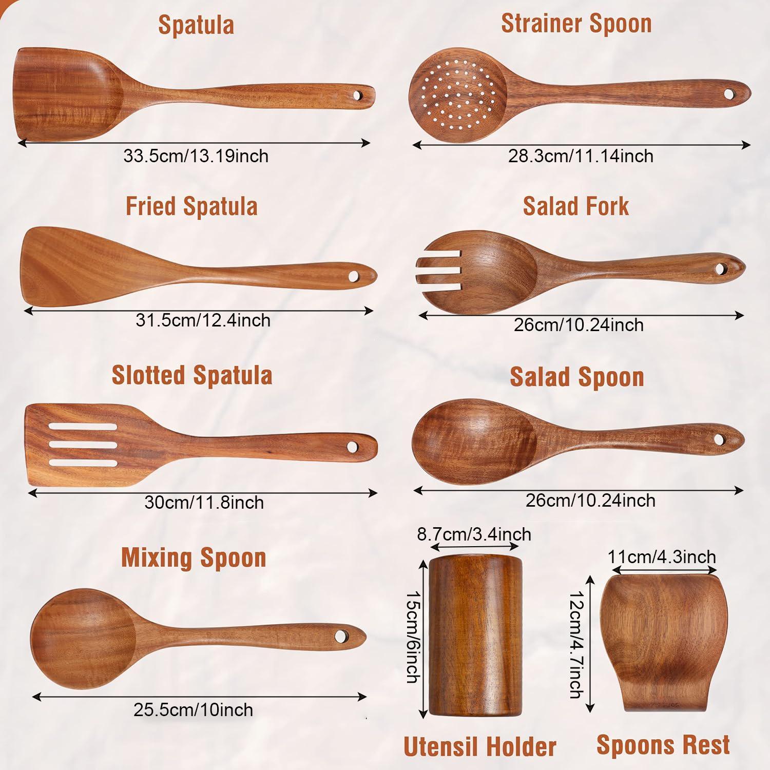 9PCS Natural Teakwood Kitchen Utensil Set With Spoon Rest, Soft-Grip Wooden Cooking Spoons & Tools, Non-Scratch Utensils For Non-Stick Cookware, Kitchen Cooking Accessories