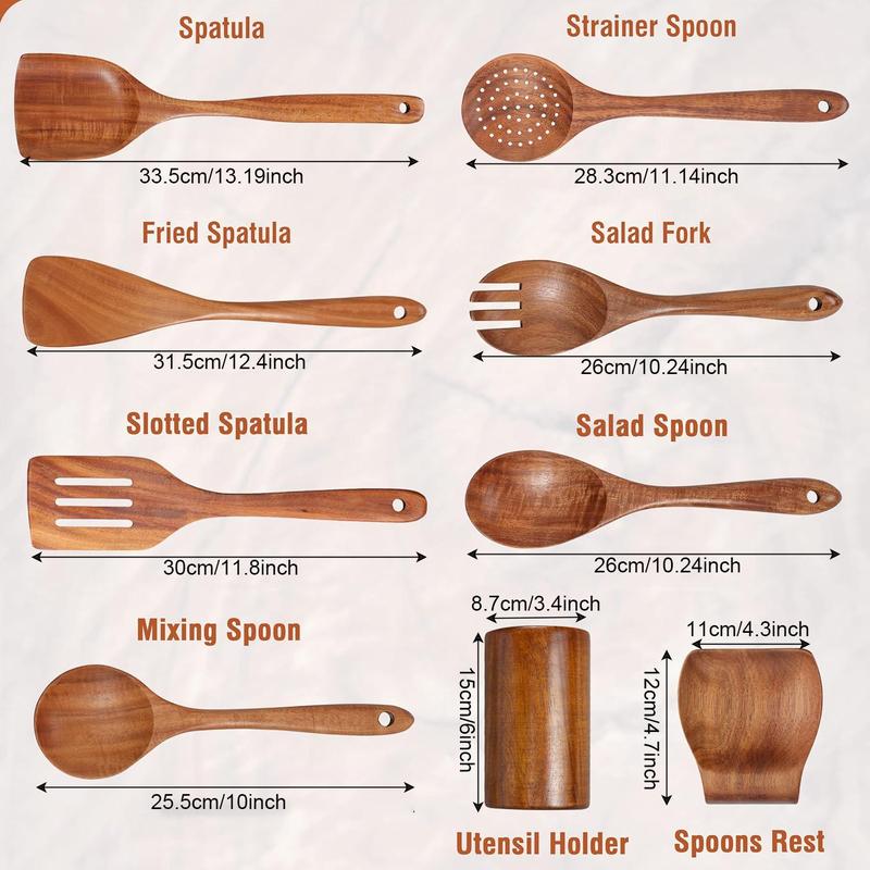 9PCS Natural Teakwood Kitchen Utensil Set With Spoon Rest, Soft-Grip Wooden Cooking Spoons & Tools, Non-Scratch Utensils For Non-Stick Cookware, Kitchen Cooking Accessories