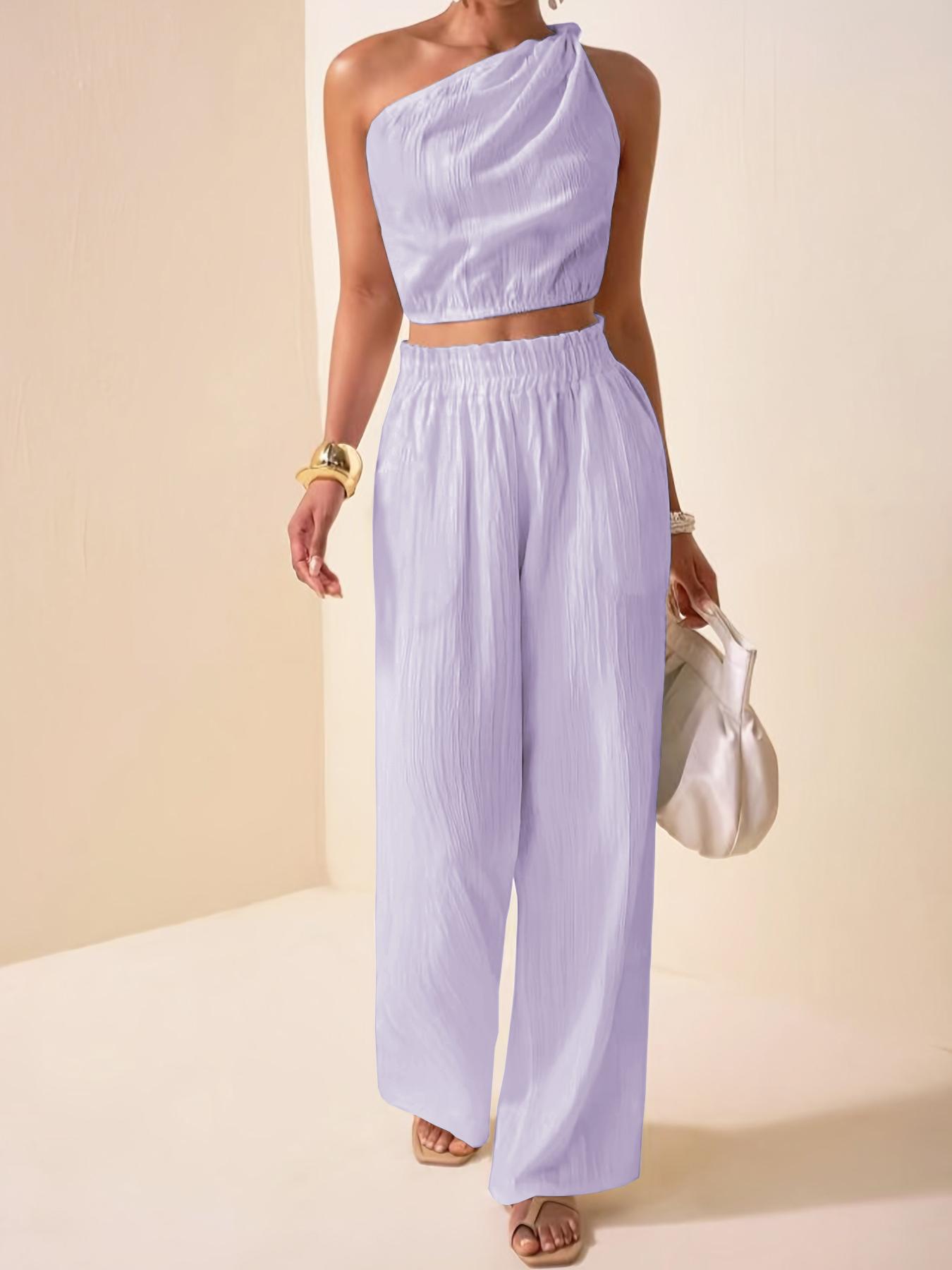 Two-piece Set Women's Solid Crop Top & Wide Leg Pants, Basic Elegant Fashion Casual Top & High Waist Trousers for Daily Outdoor Wear, Women's Clothing for Summer, Womenswear