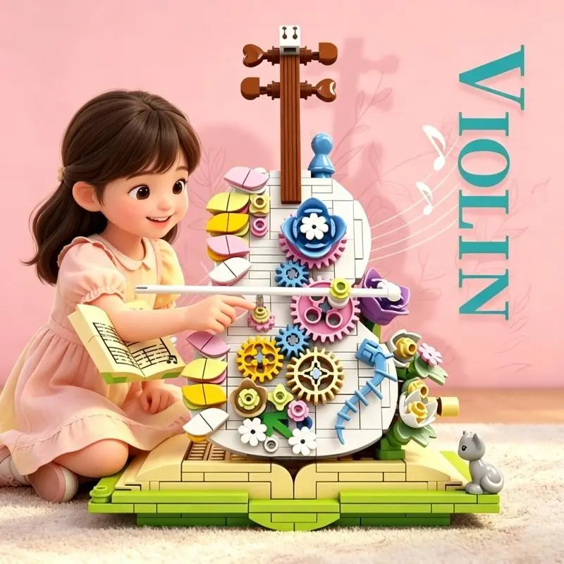 DIY Floral Violin Model Blocks, Mini Particle Gear Transmission Mechanical Assembly Toy, Creative Educational Building Ornament