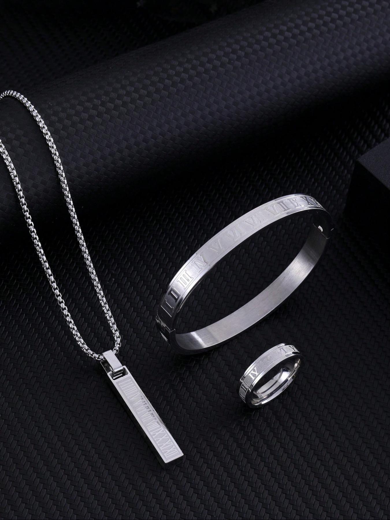 Men's Minimalist Temperament Stainless Steel Jewelry Set, Casual Trendy Letters Engraving Pendant Necklace & Bangle & Ring, Fashion Accessories for Daily Wear