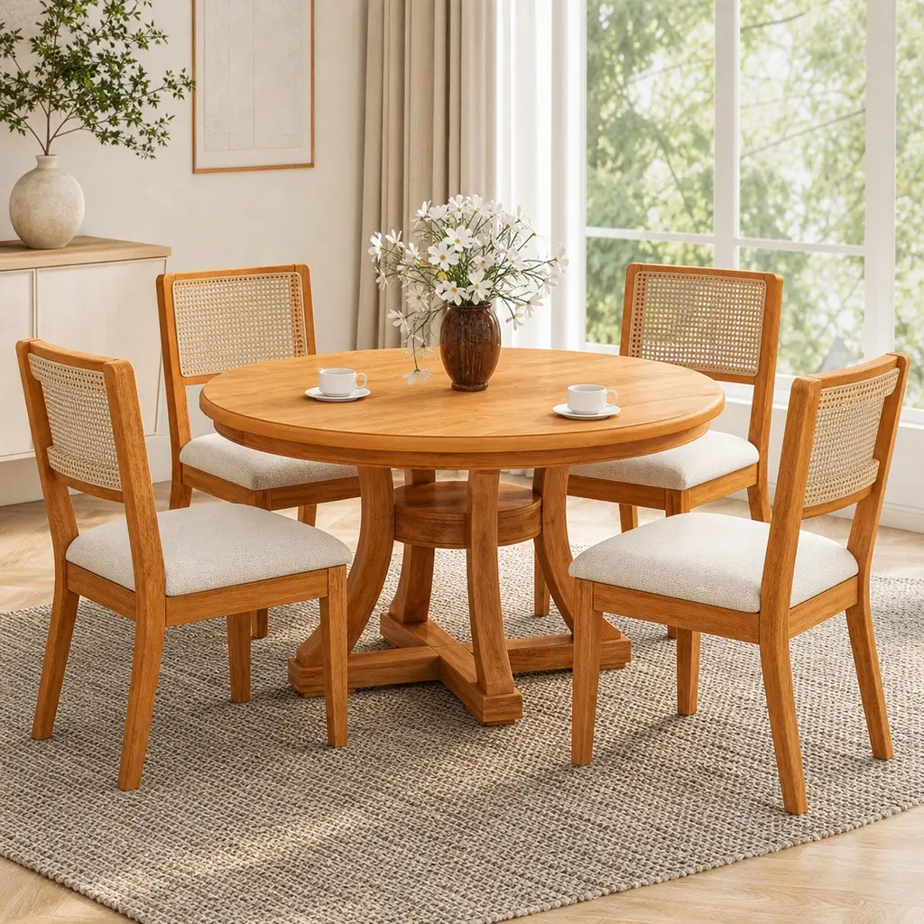 ARCH 5-Piece Dining Table Set with Extendable Round Butterfly Leaf, 4 Upholstered Chairs, Solid Rubber Wood Natural Finish, Retro Farmhouse Indoor Furniture, Dining Table Set of 4 for Family Gatherings