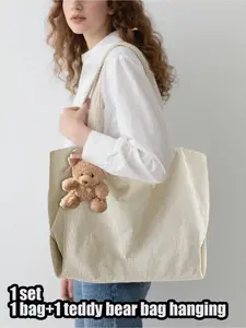 1 handbag + 1 plush pendant, cute corduroy tote bag set decorated with teddy bear ornament. Featuring Y2K lovely aesthetic, sweet and playful style. Fashionable shoulder bag ideal for travel and shopping. Bright red color with practical storage function