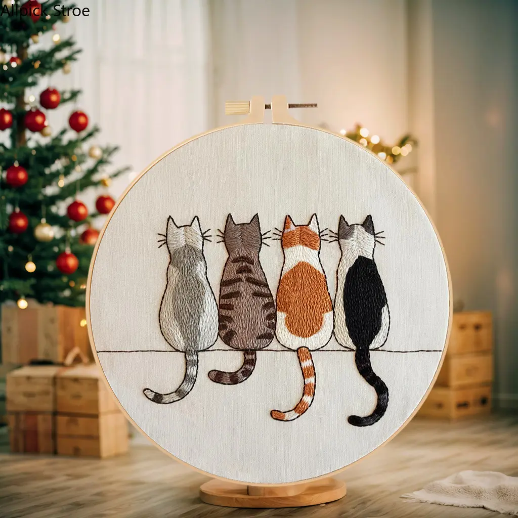 Four Kittens Embroidery Kit for Beginners – DIY Cute Cat Stitch Craft Set with Pre-Printed Fabric, Floss & Hoop