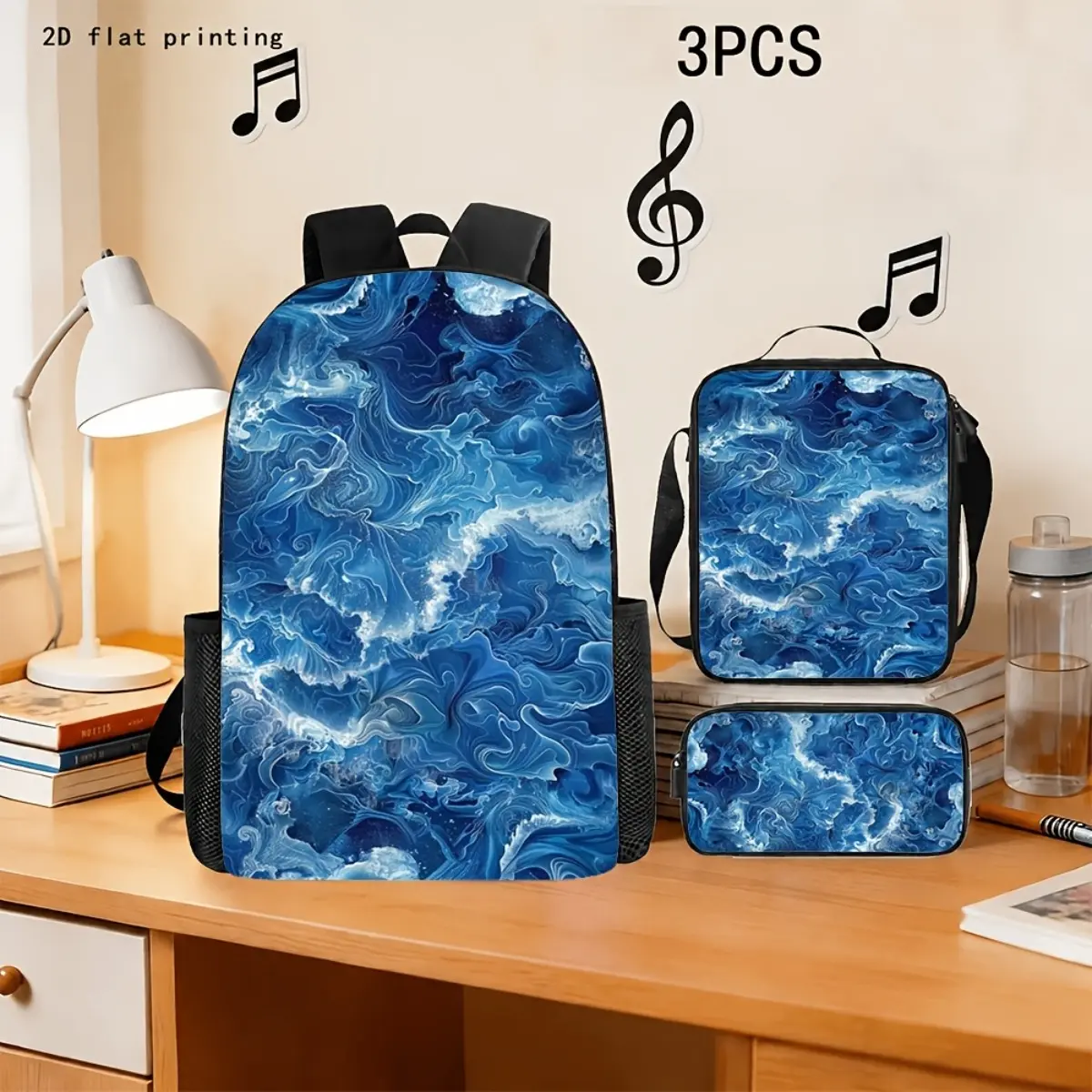 Teen's 3-Piece Marble Print Backpack Set, Lightweight Multi-Function School Bookbag with Laptop Compartment, Lunch Bag & Pencil Case