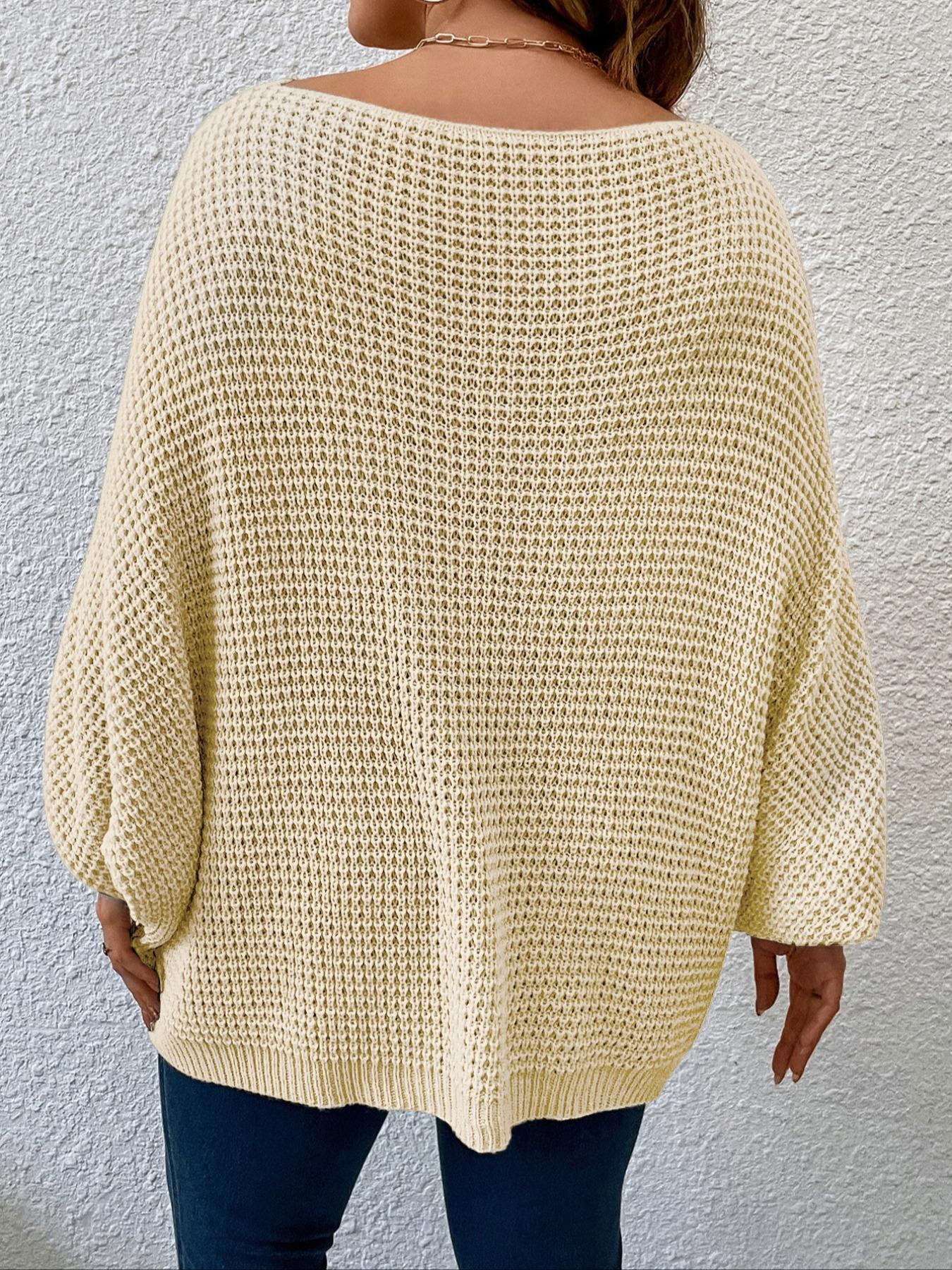 Plus Size Solid Batwing Sleeve Boat Neck Sweater Knitwear, Casual Long Sleeve Jumper for Fall, Plus Size Clothing for Daily Wear, Womenswear
