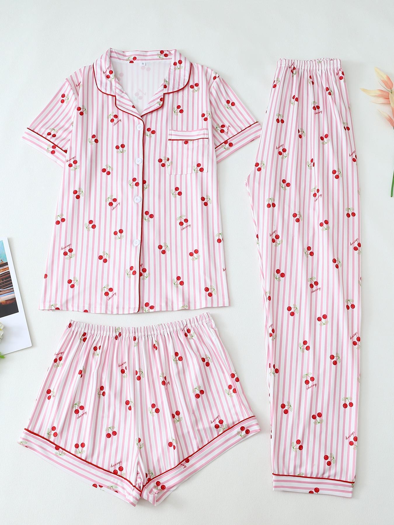 Three-piece Set Women's Bowknot & Heart Print Pajama Set, Cute Comfy Short Sleeve Tee & Elastic Waist Trousers & Shorts Pj Set, Ladies Sleepwear for All Seasons, Casual Sleepwear Set