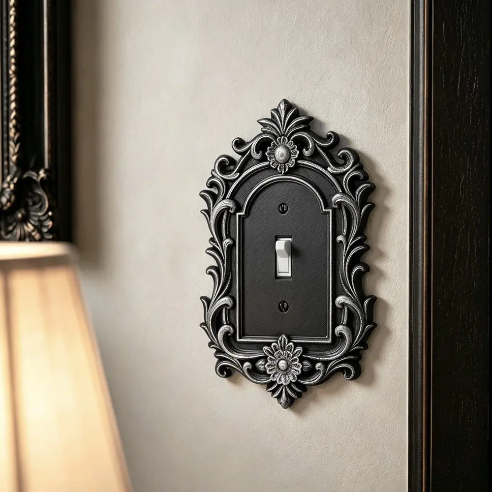 1Pc Vintage Baroque Floral Embossed Light Switch & Outlet Cover Plate, Antique Black Silver Carved Gothic Wall Plate, Decor Socket Cover For Bedroom Living Room Home Wall Decor