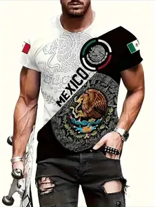 Men's Mexico Flag Color T-Shirt, Diagonal Split + Mexico Letter and Emblem Print, Casual Short Sleeve Top