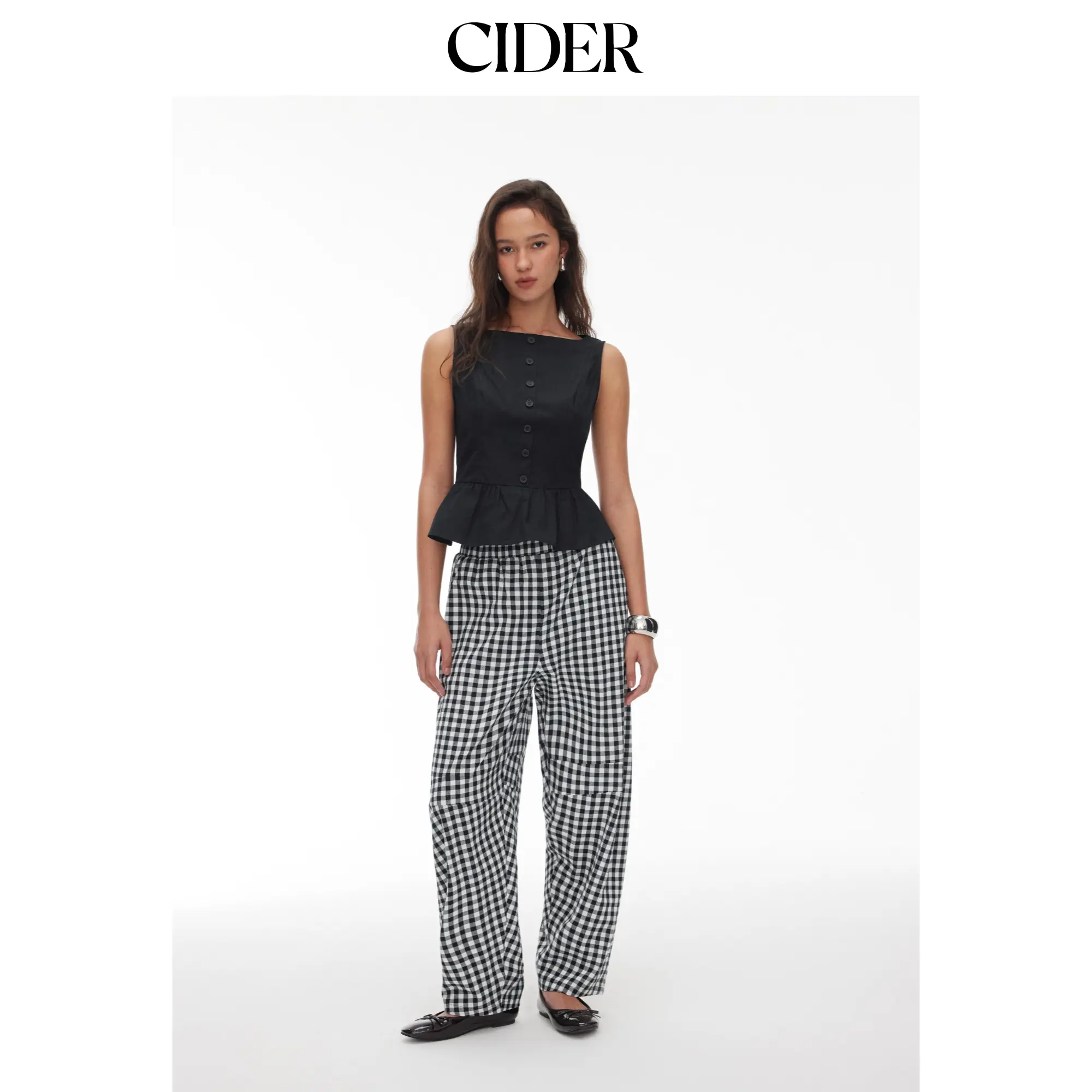 Cider Cotton Boat Neck Peplum Top & Gingham Mid Rise Barrel-leg Trousers Set