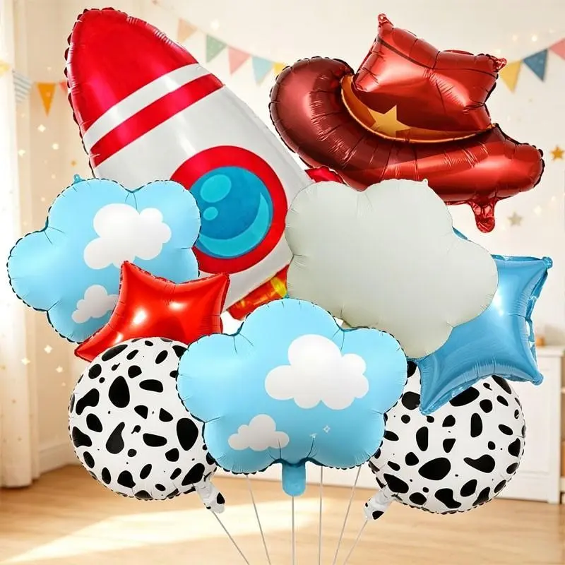 11-Piece Space Cowboy Theme Aluminum Foil Balloon Set, Includes Hat, Rocket, Star, Cloud Balloons,Perfect for a Space Cowboy-themed party，Outdoor Picnic Setup，Kindergarten Activity Decorations，Cowboy-Themed Parent-Child Activity