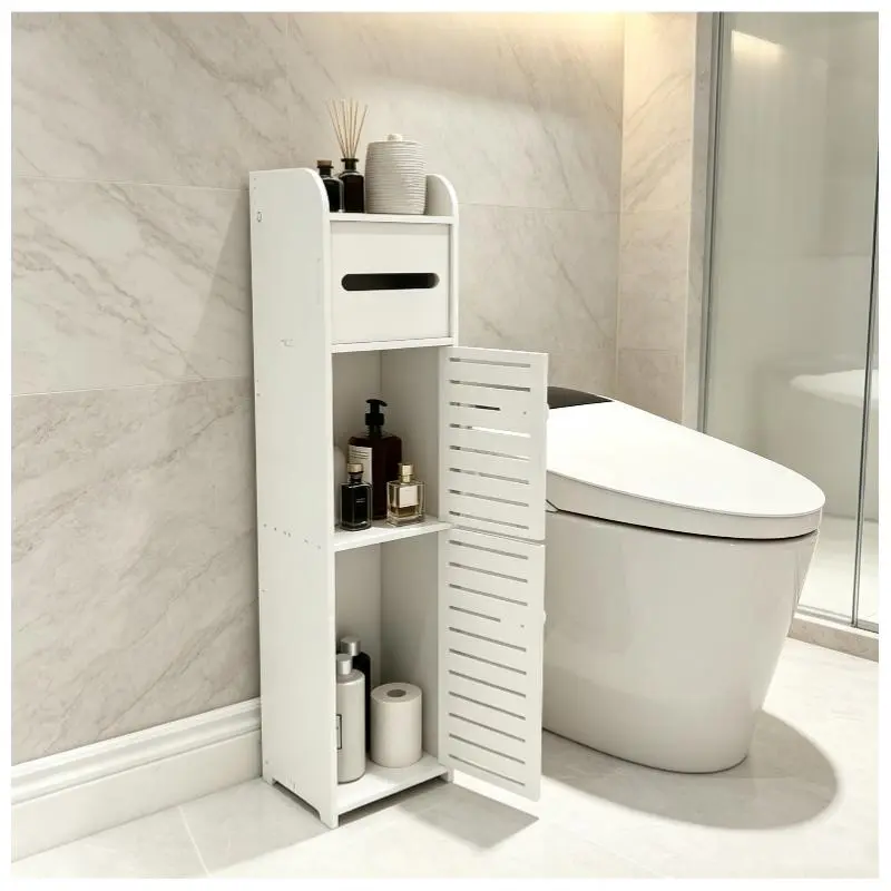 Slim Freestanding Bathroom Storage Cabinet, Narrow Space Saving Toilet Side Organizer with Toilet Paper Holder, Storage Unit for Small Bathrooms