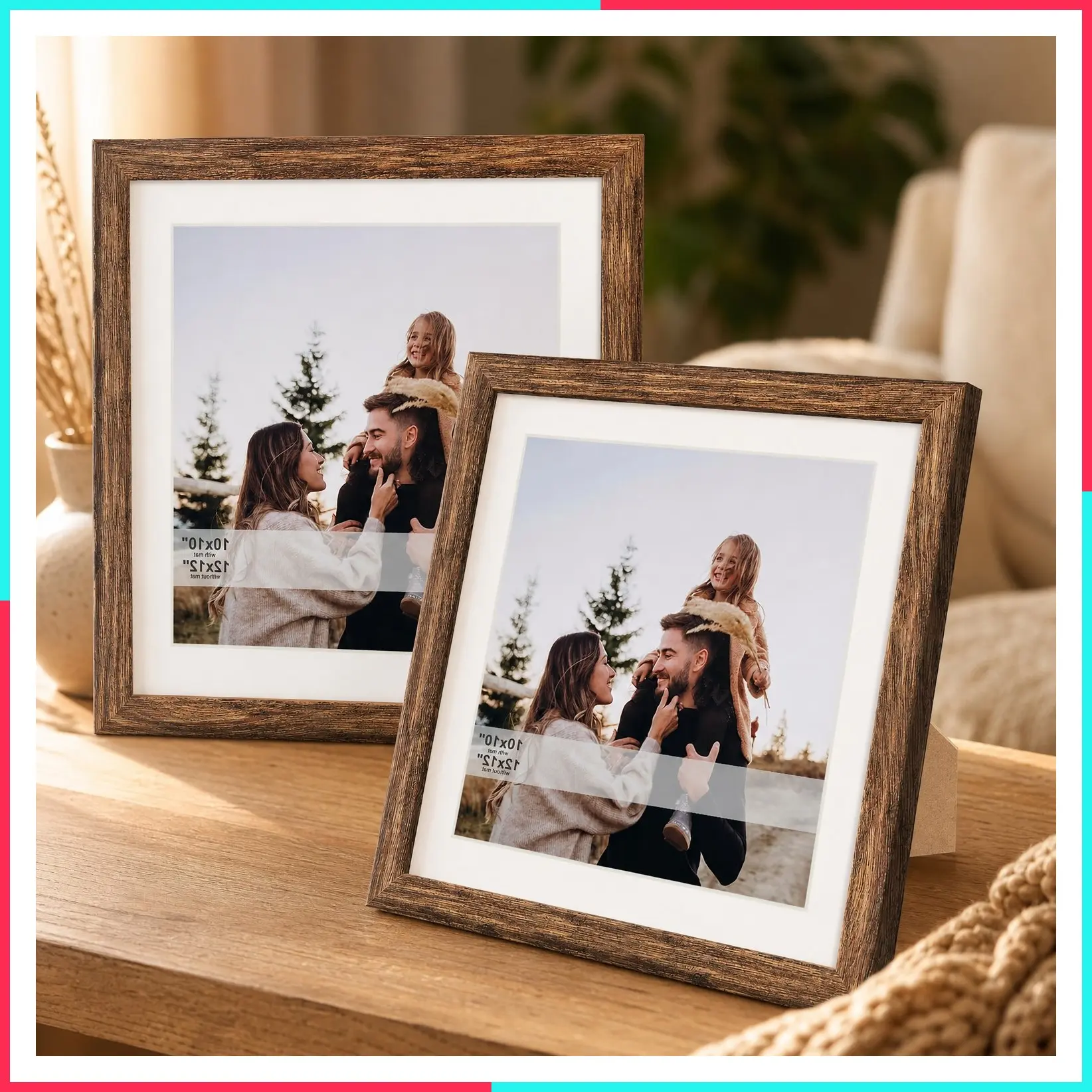 12x12 Picture Frame Set of 2, Rustic Brown Wood Photo Frames with Mat for 10x10 or 30x30cm Diamond Art Painting, Real Glass Cover for Wall and Tabletop Display