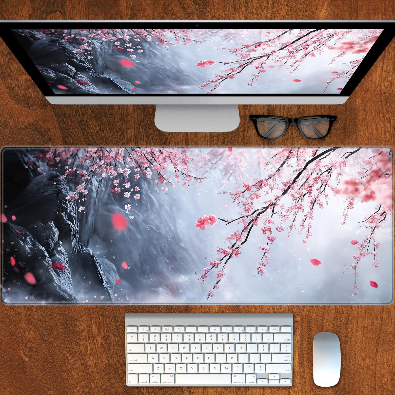 Cherry Blossom Pattern Mouse Pad, 1 Count Extended Large Gaming Mouse Pad, Non-slip Rubber Base Big Keyboard Mat with Stitched Edges for Home Office Gaming Desk Pad