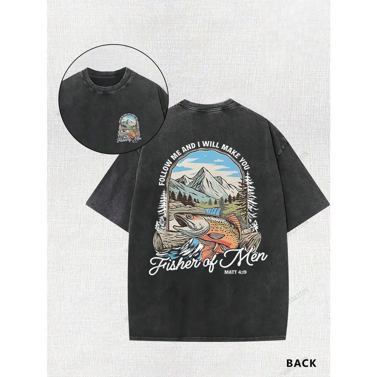 Men's Short-Sleeve Round Neck T-Shirt - Menswear Top, Matthew's Gospel Fishing Fisherman Religion Print, 100% Cotton 230g Retro Double-Sided Batik Vintage Washed, Summer Streetwear Comfortable Simple Casual Tshirt, Shortsleeve, Basic, Chic, Faith-Based Fa