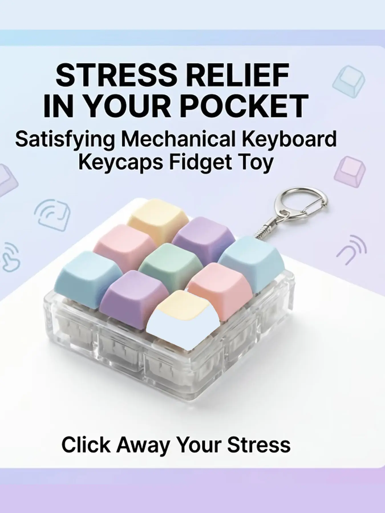 Macaron Pastel Keycap Fidget Keychain, Finger Fidgets, Click Mechanical Switch Stress Relief Bag Charm with 4/9 Keys & Spring Metal Lanyard, Aesthetic Accessory for Gamers Students, Anxiety Relief Gift for Office Workers & Tech Lovers