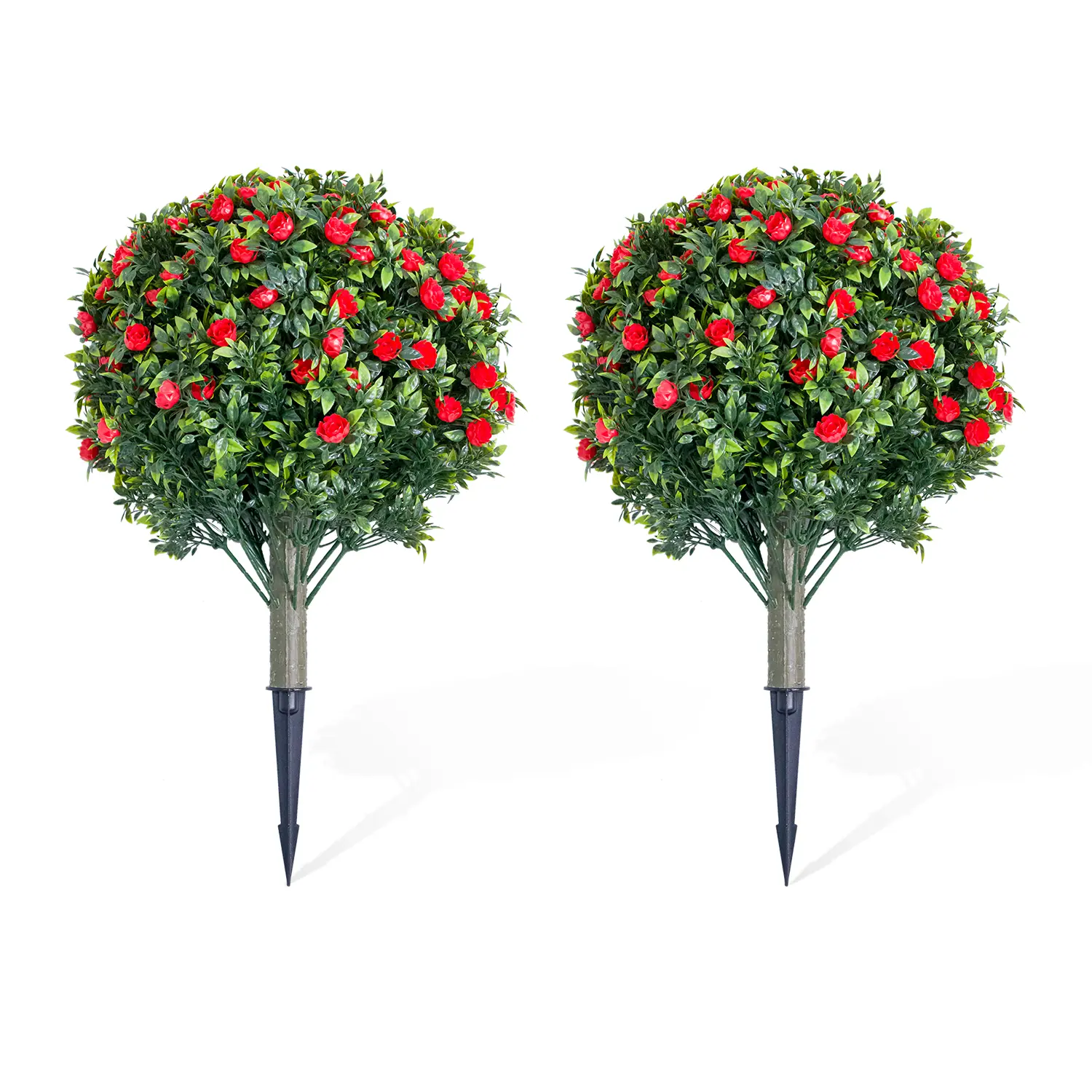 Artificial Topiary Ball Trees with White Rose Flowers – Set of 2 Faux Decorative Plants – Realistic PE Leaves, UV Resistant, Weatherproof – Indoor & Outdoor Garden or Home Decor – 23.6in