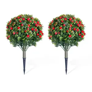 Artificial Topiary Ball Trees with White Rose Flowers – Set of 2 Faux Decorative Plants – Realistic PE Leaves, UV Resistant, Weatherproof – Indoor & Outdoor Garden or Home Decor – 23.6in