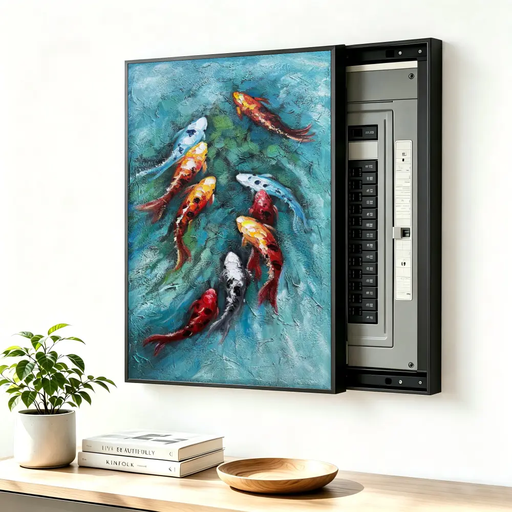 ElectricalPanel Cover Decorative Breaker Box Cover Fuse Box Cover Colorful Koi Fish Swimming Art Aluminum Alloy Frame With High Quality Canvas, LivingRoom Home Office