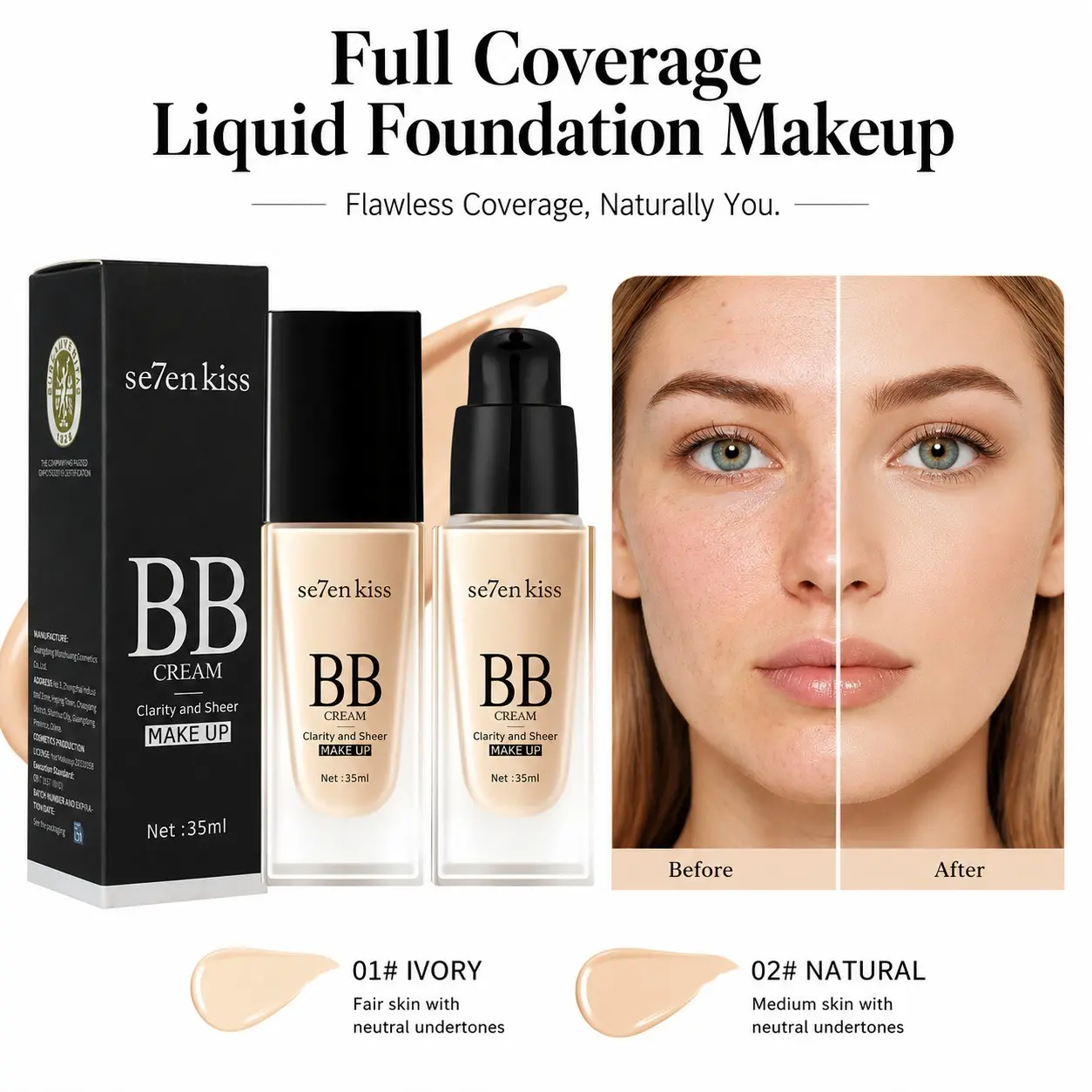 Full Coverage Liquid Foundation Makeup, Lightweight Long Lasting Foundation for Face, Waterproof Sweatproof Natural Finish, Buildable High Coverage Concealer Foundation, Smooth Cream Skin Look, Flawless Complexion, Ivory & Natural Shades