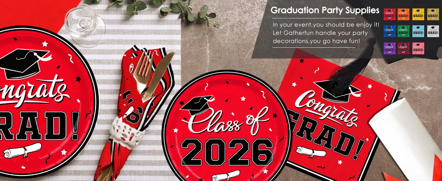 Graduation decorations 2026 Graduation Party Plates and Napkins Red Disposable Paper Plates Luncheon Napkins Cocktail Napkins for Congrats Grad Party Decorations, Serve 50