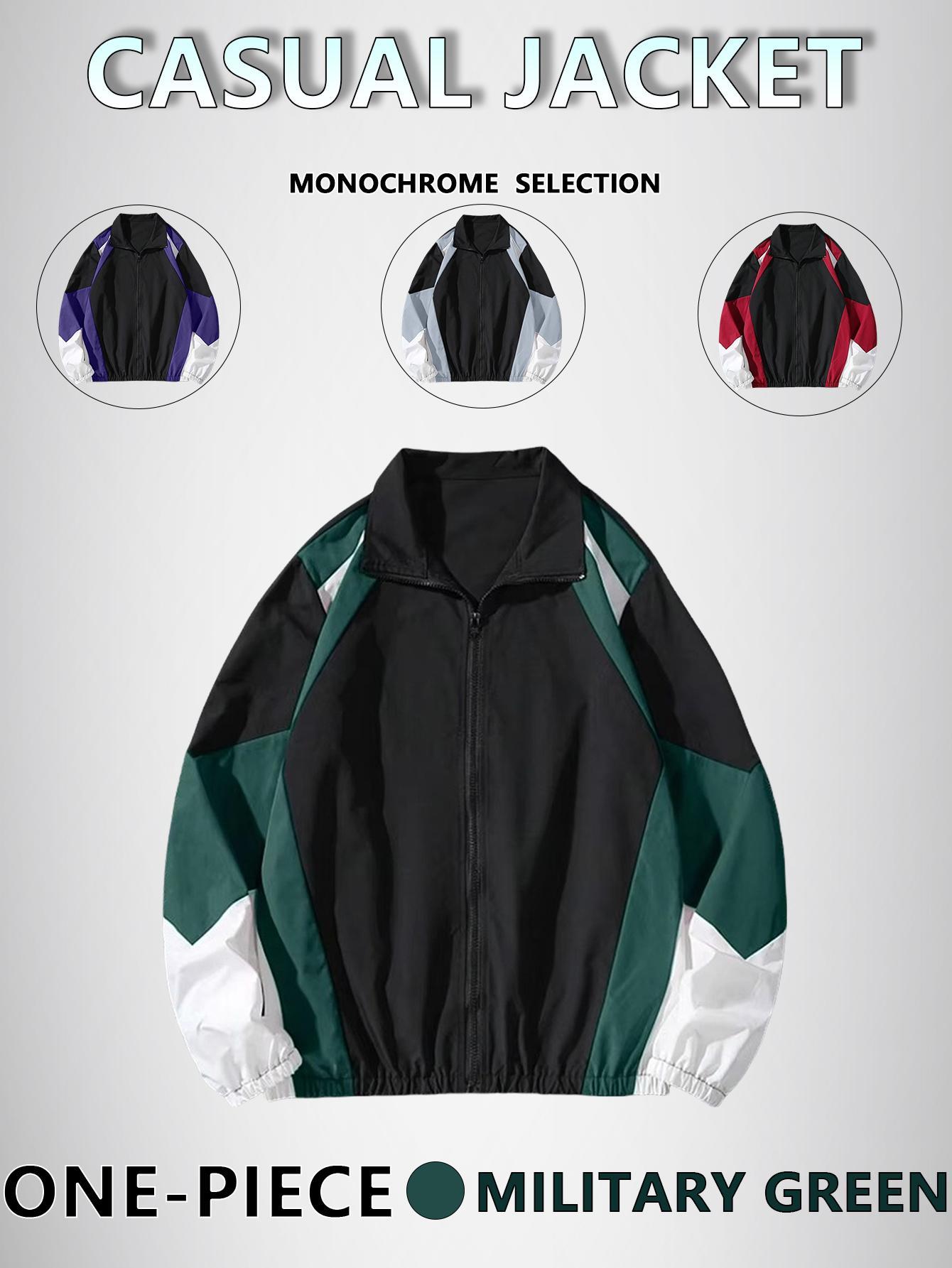 Men's Splicing Color Zip Jacket Regular Fit Casual Long Sleeve Polyester Coats Tops with Zipper for Fall Winter Daily Wear fall,outfits Menswear fits  streetwear