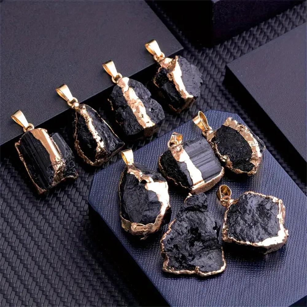 Natural Black Tourmaline Raw Stone Gold Plated Edge Pendant Necklace with Black Leather Cord, Healing Crystal Protection Jewelry, Trendy Minimalist Energy Stone Necklace for Men Women, Spiritual Negative Energy Cleansing Amulet for Daily Wear